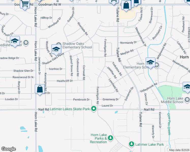map of restaurants, bars, coffee shops, grocery stores, and more near 3485 Cherry Cove West in Horn Lake