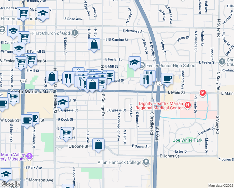 map of restaurants, bars, coffee shops, grocery stores, and more near in Santa Maria