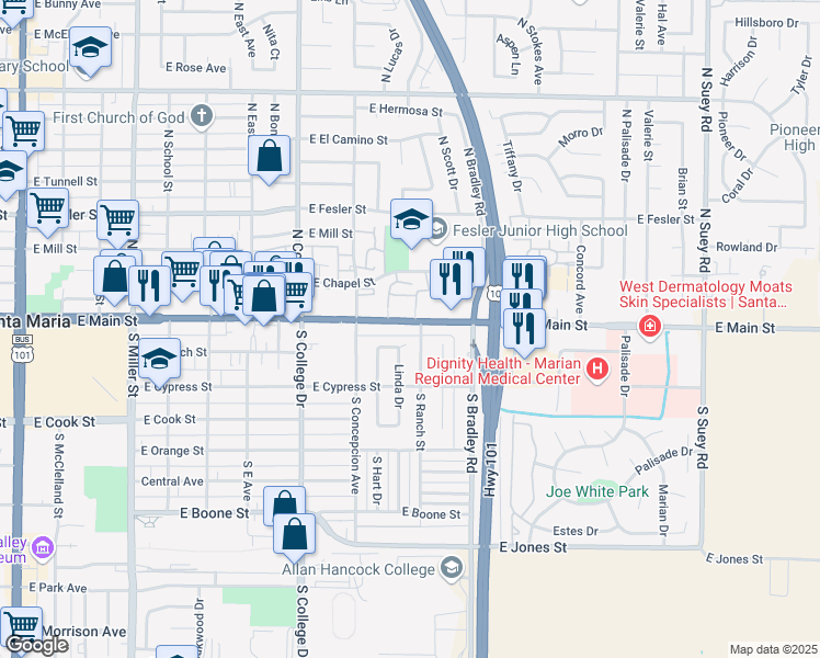 map of restaurants, bars, coffee shops, grocery stores, and more near 1004 East Main Street in Santa Maria