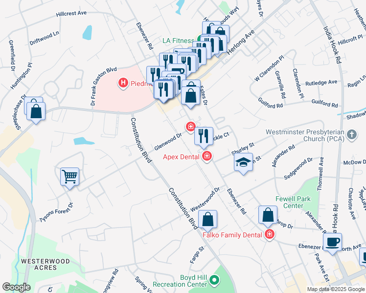 map of restaurants, bars, coffee shops, grocery stores, and more near 1565 Ebenezer Road in Rock Hill