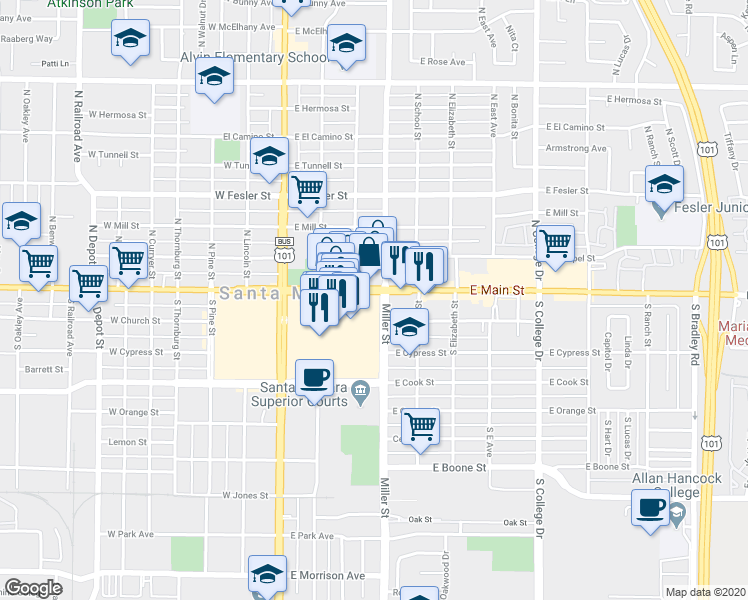 map of restaurants, bars, coffee shops, grocery stores, and more near 298 East Main Street in Santa Maria
