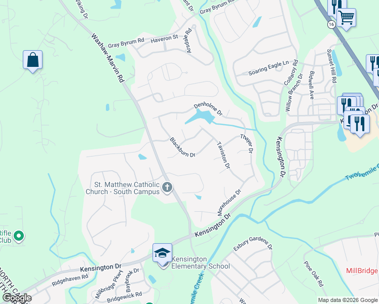 map of restaurants, bars, coffee shops, grocery stores, and more near 3203 Blackburn Drive in Waxhaw