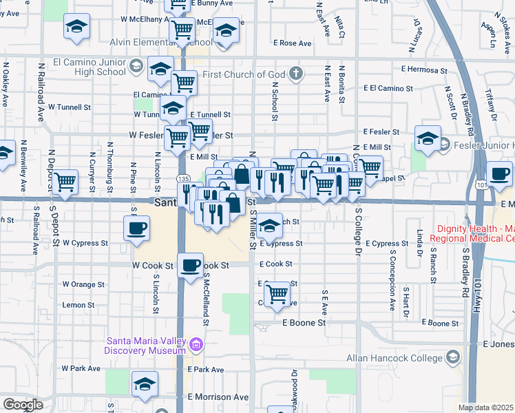 map of restaurants, bars, coffee shops, grocery stores, and more near 424 East Main Street in Santa Maria