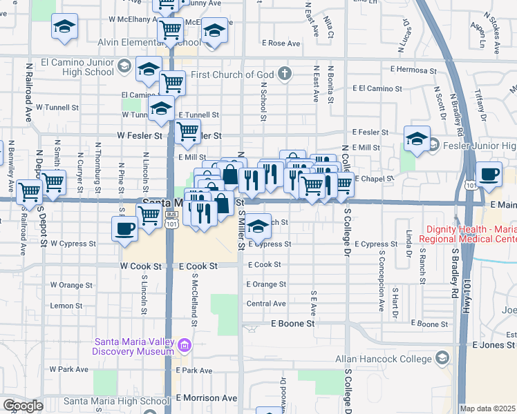 map of restaurants, bars, coffee shops, grocery stores, and more near 424 East Main Street in Santa Maria