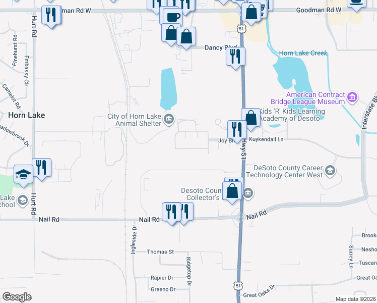 map of restaurants, bars, coffee shops, grocery stores, and more near 1493 Audrey Lane in Horn Lake
