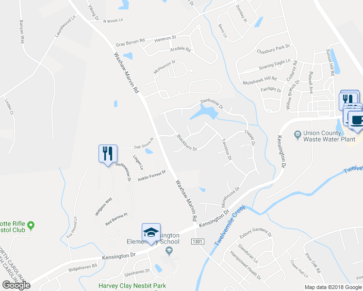 map of restaurants, bars, coffee shops, grocery stores, and more near 3006 Blackburn Drive in Waxhaw