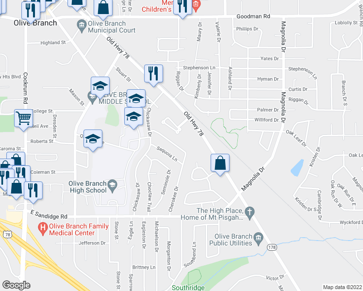 map of restaurants, bars, coffee shops, grocery stores, and more near 9898 Cherokee Drive in Olive Branch
