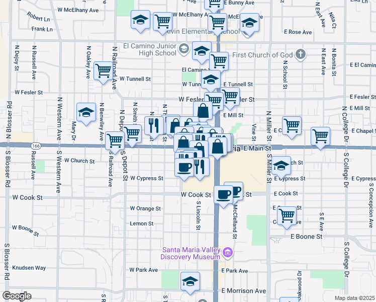 map of restaurants, bars, coffee shops, grocery stores, and more near 210 West Main Street in Santa Maria