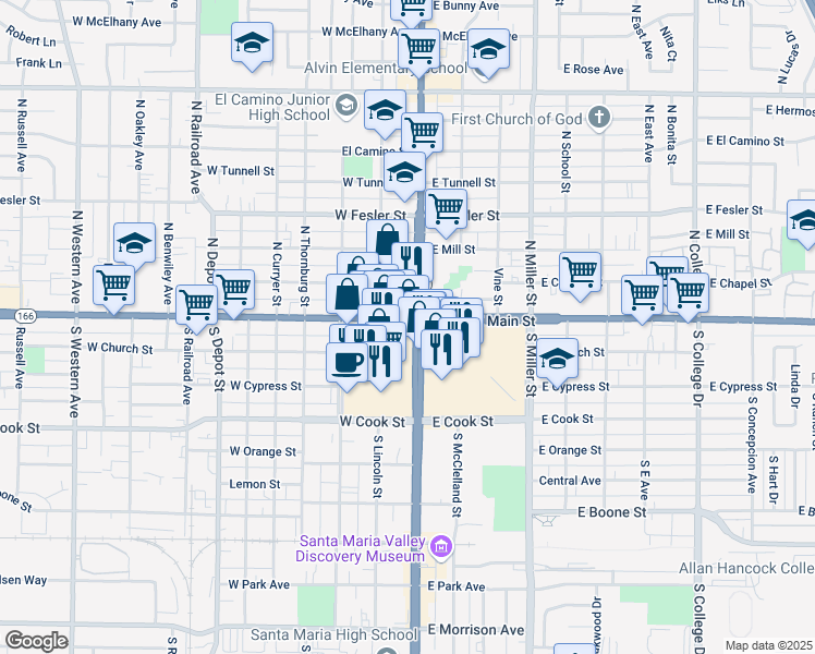 map of restaurants, bars, coffee shops, grocery stores, and more near 112 California 166 in Santa Maria