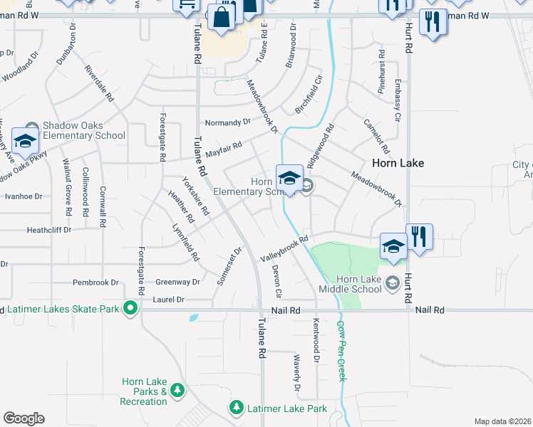 map of restaurants, bars, coffee shops, grocery stores, and more near 6350 Greenbriar Drive in Horn Lake