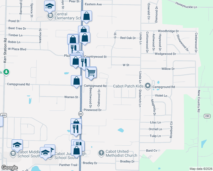 map of restaurants, bars, coffee shops, grocery stores, and more near 1012 Campground Road in Cabot