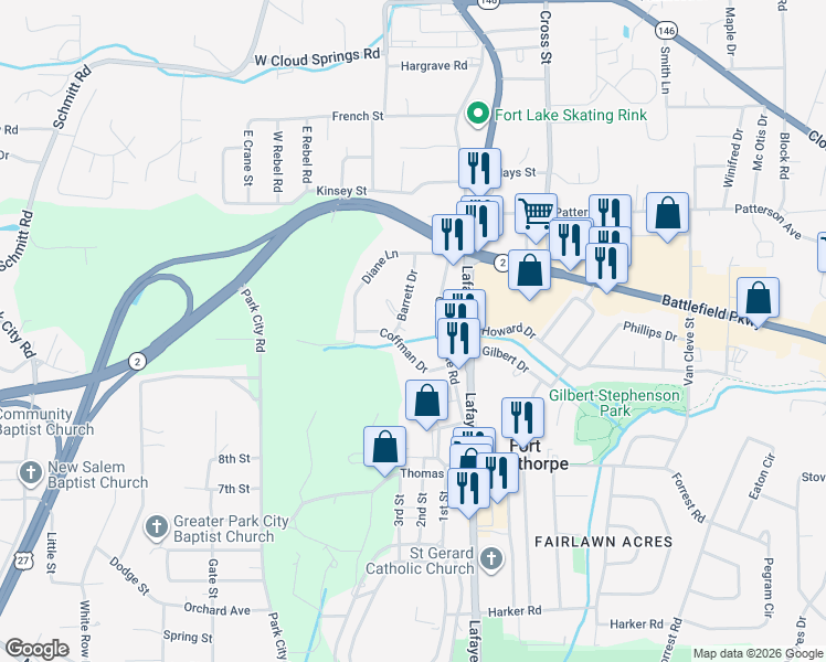 map of restaurants, bars, coffee shops, grocery stores, and more near 1942 Barrett Drive in Fort Oglethorpe