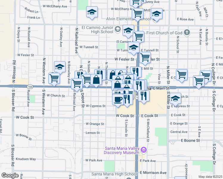 map of restaurants, bars, coffee shops, grocery stores, and more near 310 West Main Street in Santa Maria