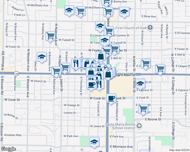 map of restaurants, bars, coffee shops, grocery stores, and more near 210 West Main Street in Santa Maria