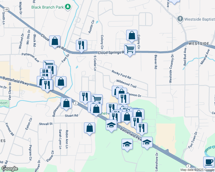 map of restaurants, bars, coffee shops, grocery stores, and more near 1300 Park Forrest Drive in Fort Oglethorpe