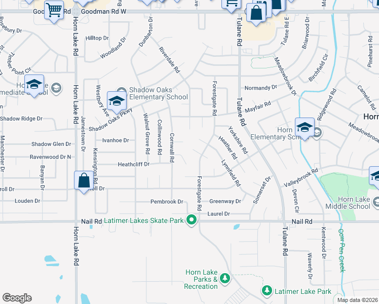 map of restaurants, bars, coffee shops, grocery stores, and more near 3485 Cherry Cove West in Horn Lake