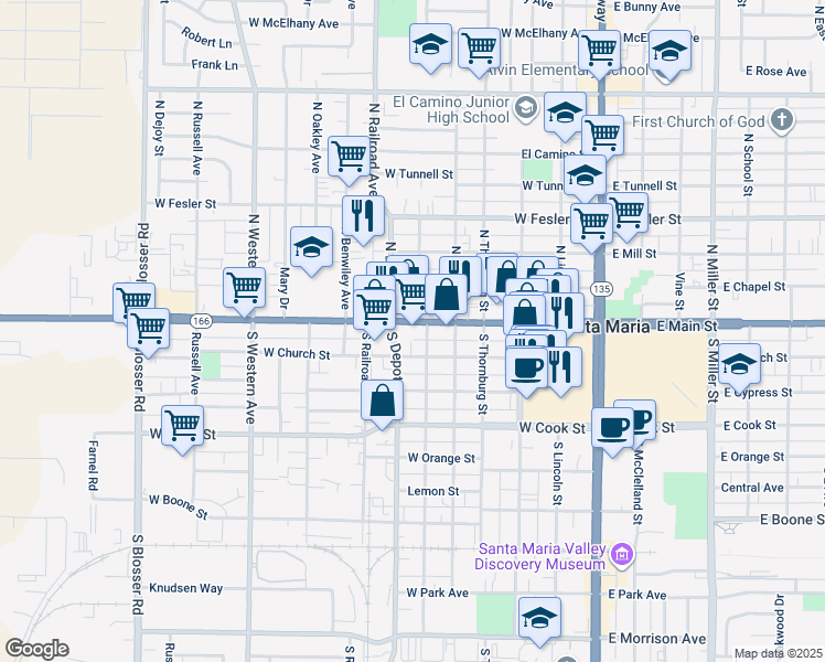 map of restaurants, bars, coffee shops, grocery stores, and more near 518 California 166 in Santa Maria