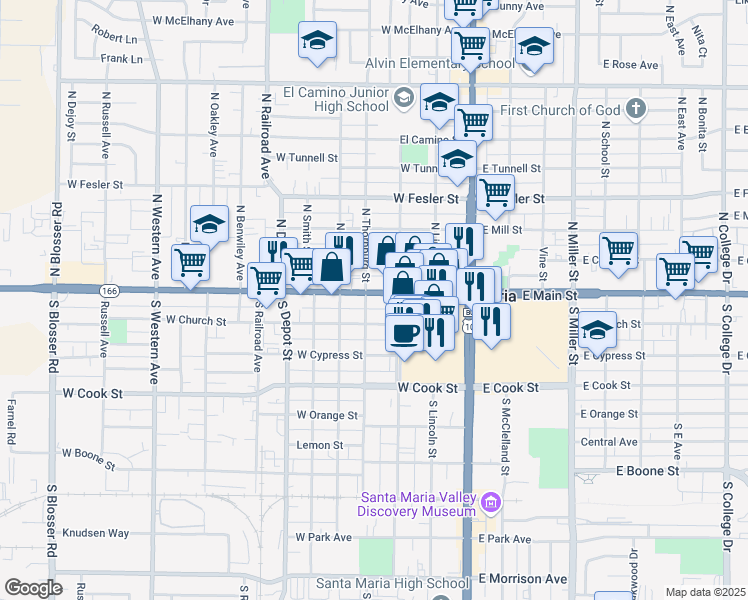 map of restaurants, bars, coffee shops, grocery stores, and more near 310 West Main Street in Santa Maria