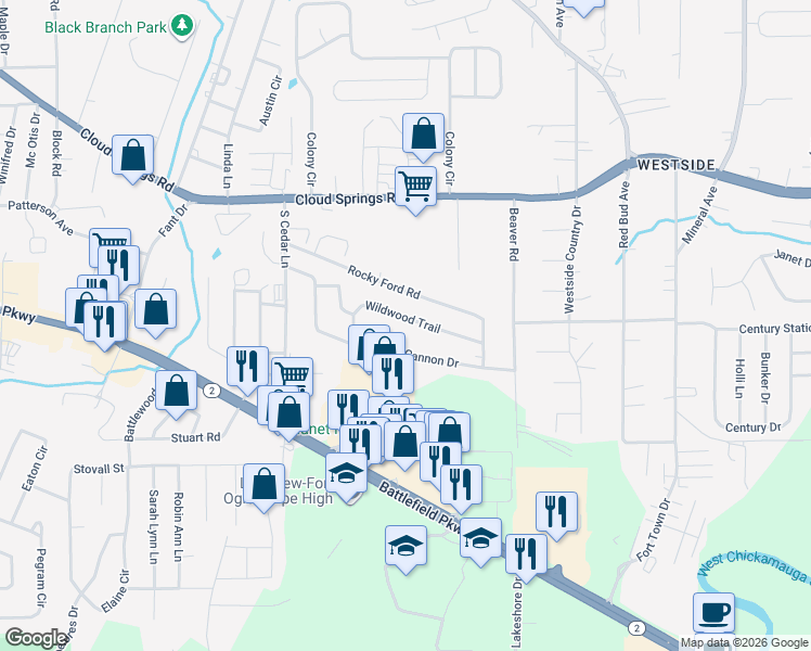 map of restaurants, bars, coffee shops, grocery stores, and more near 1601 Wildwood Trail in Fort Oglethorpe