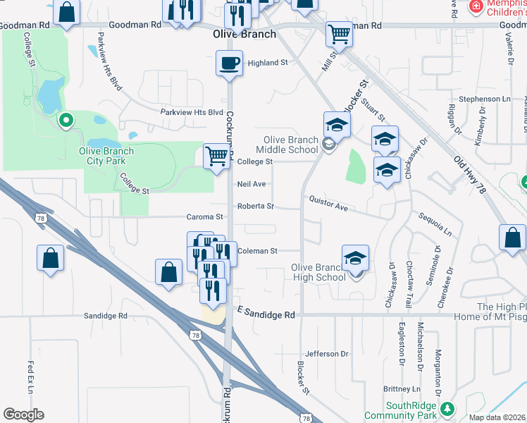 map of restaurants, bars, coffee shops, grocery stores, and more near 9115 Roberta Street in Olive Branch