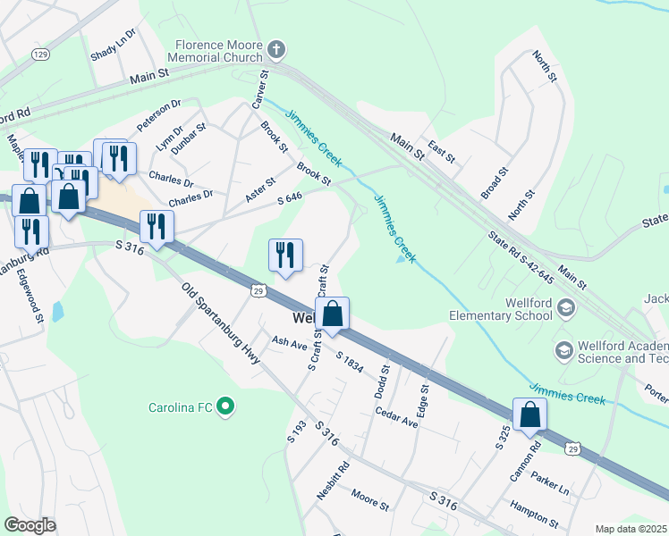 map of restaurants, bars, coffee shops, grocery stores, and more near 246 North Craft Street in Wellford