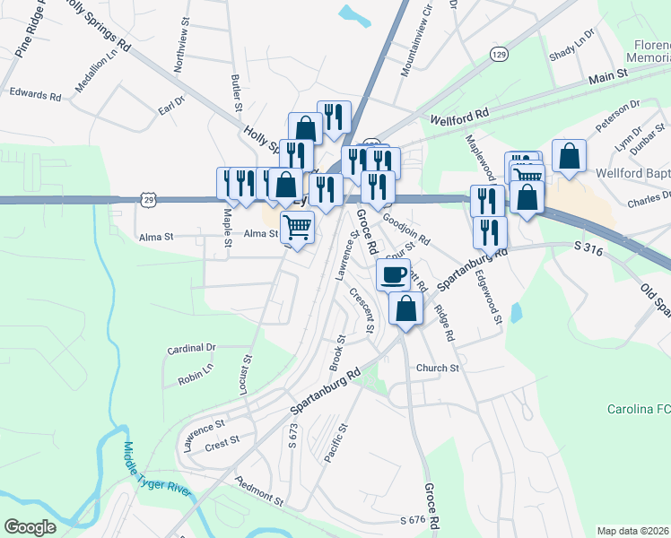 map of restaurants, bars, coffee shops, grocery stores, and more near 17 Lawrence Street in Lyman