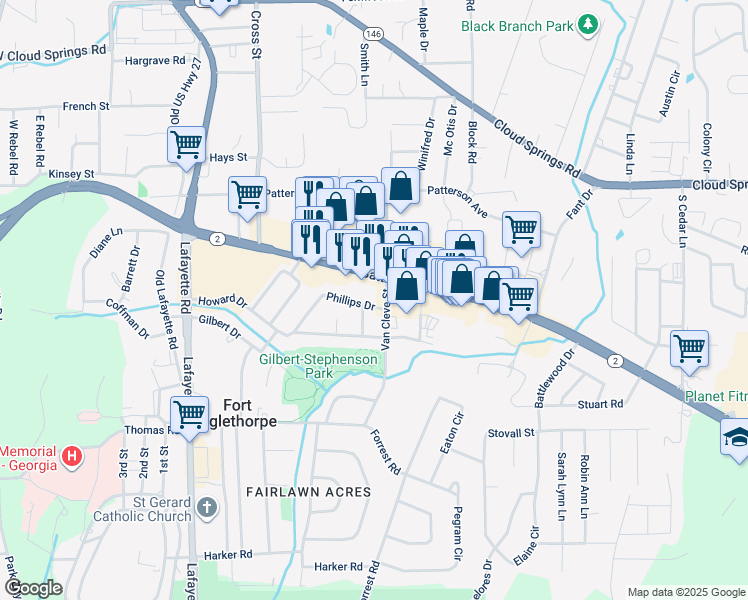 map of restaurants, bars, coffee shops, grocery stores, and more near 37 Phillips Drive in Fort Oglethorpe
