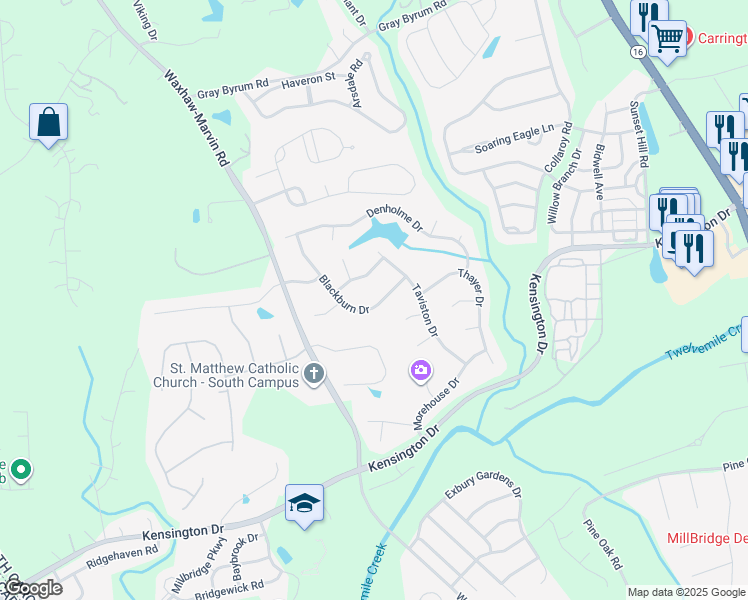 map of restaurants, bars, coffee shops, grocery stores, and more near 3203 Blackburn Drive in Waxhaw