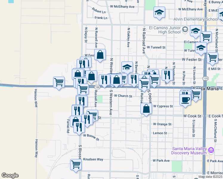 map of restaurants, bars, coffee shops, grocery stores, and more near 1010 California 166 in Santa Maria