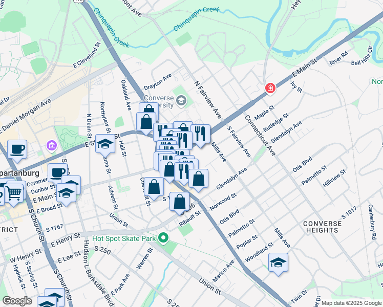 map of restaurants, bars, coffee shops, grocery stores, and more near 519 East Main Street in Spartanburg