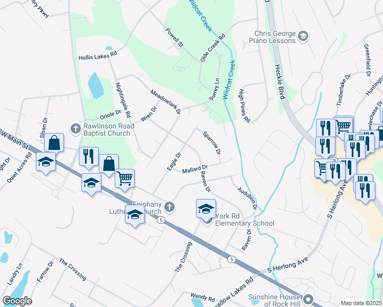 map of restaurants, bars, coffee shops, grocery stores, and more near 1068 Mallard Drive in Rock Hill