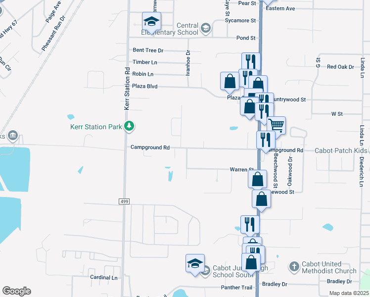 map of restaurants, bars, coffee shops, grocery stores, and more near 411 Campground Road in Cabot