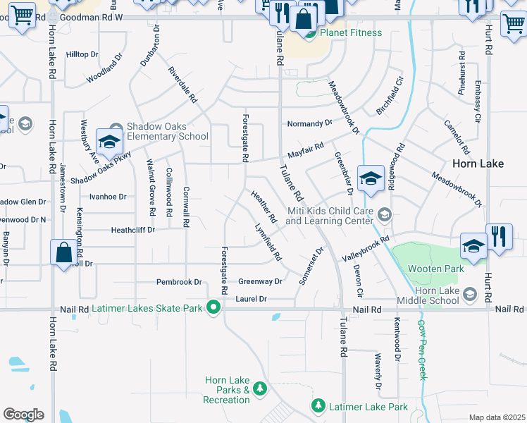 map of restaurants, bars, coffee shops, grocery stores, and more near 6455 Heather Road in Horn Lake