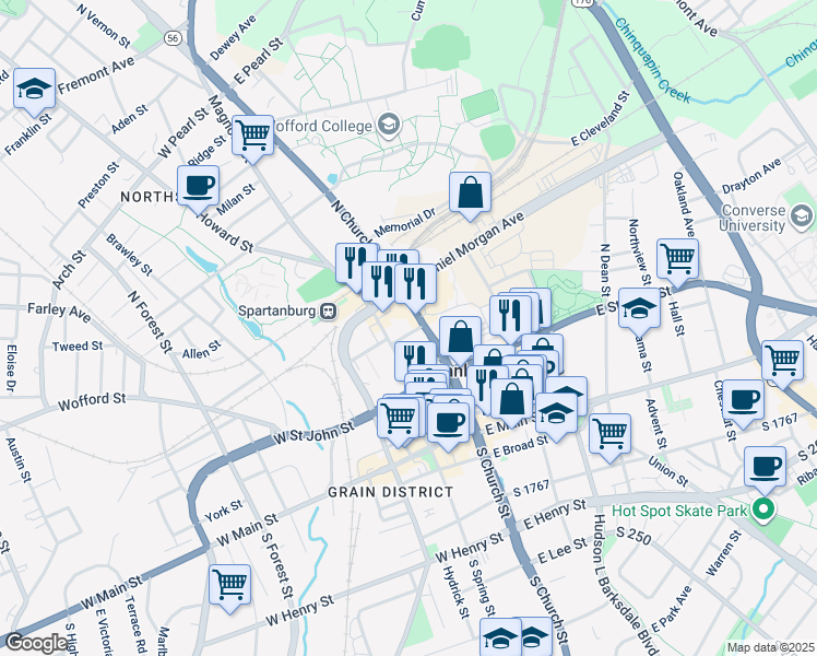 map of restaurants, bars, coffee shops, grocery stores, and more near 150 Archer Street in Spartanburg