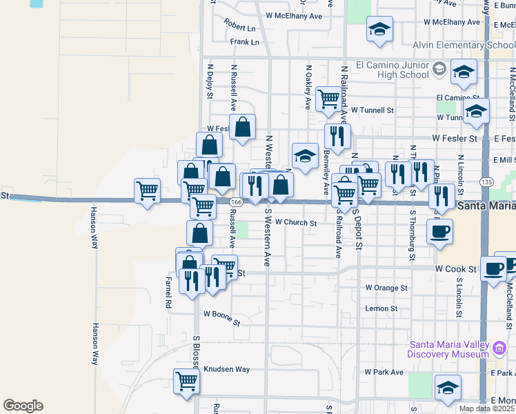 map of restaurants, bars, coffee shops, grocery stores, and more near 1010 California 166 in Santa Maria