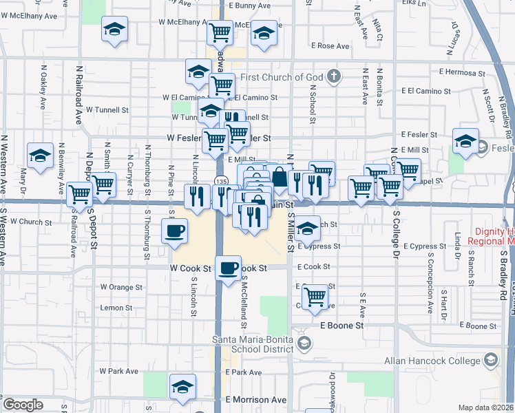 map of restaurants, bars, coffee shops, grocery stores, and more near 391 Town Center East in Santa Maria