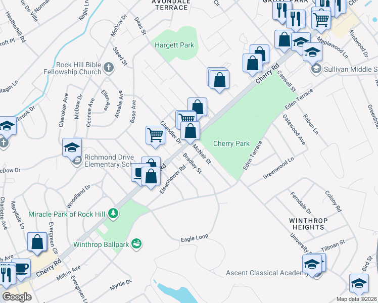 map of restaurants, bars, coffee shops, grocery stores, and more near 1308 Cherry Road in Rock Hill