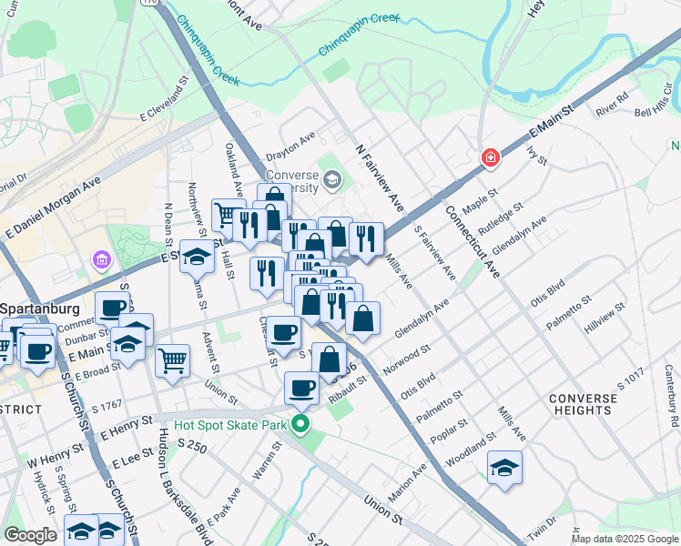 map of restaurants, bars, coffee shops, grocery stores, and more near 519 East Main Street in Spartanburg