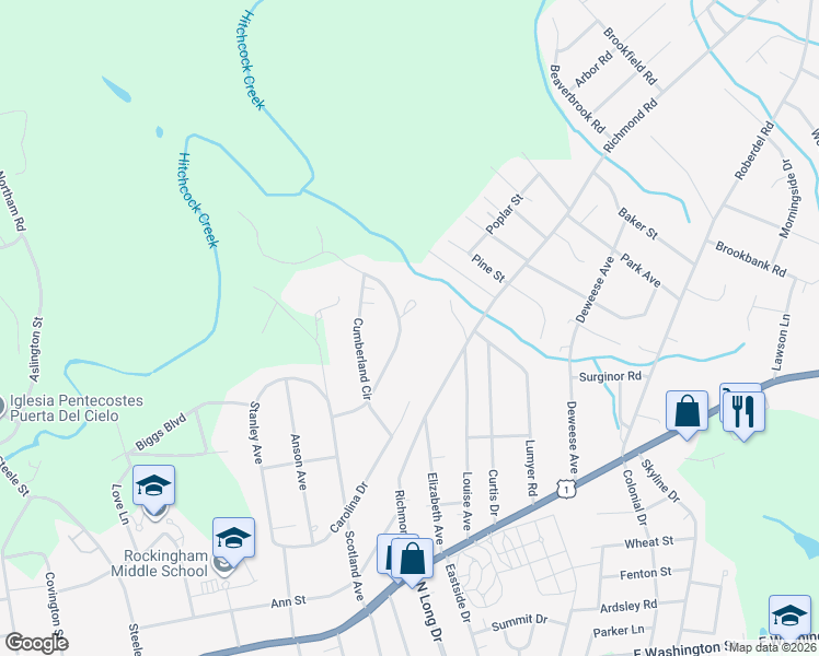 map of restaurants, bars, coffee shops, grocery stores, and more near 1438 Cumberland Circle in Rockingham