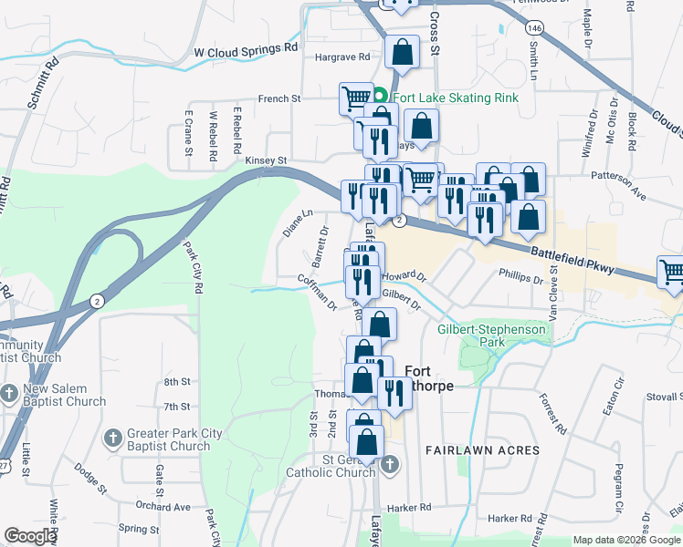 map of restaurants, bars, coffee shops, grocery stores, and more near 2498 Lafayette Road in Fort Oglethorpe