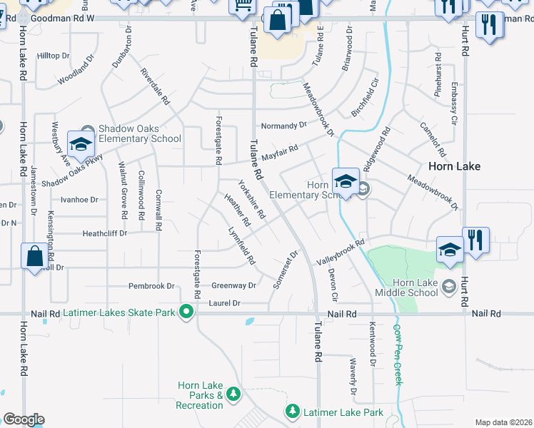 map of restaurants, bars, coffee shops, grocery stores, and more near 6435 Yorkshire Road in Horn Lake
