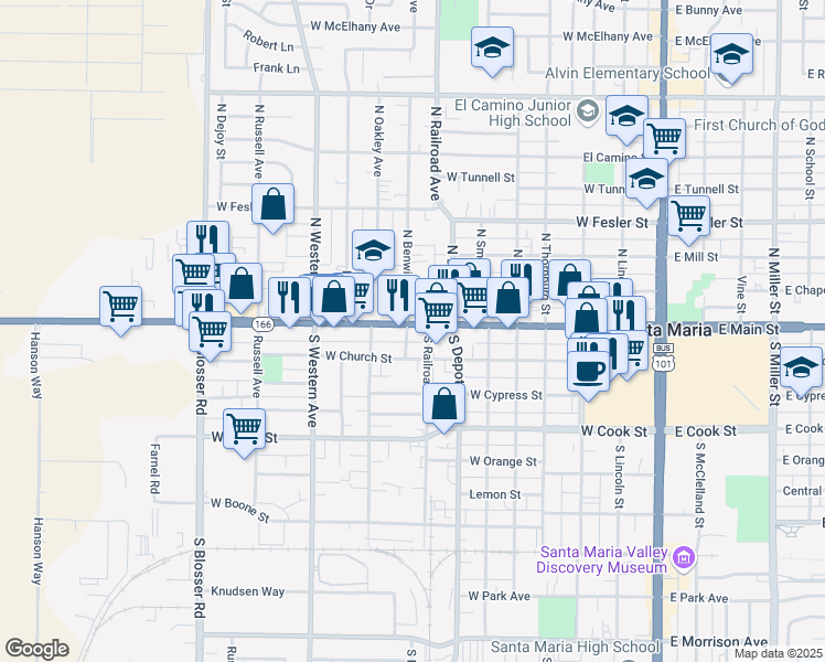 map of restaurants, bars, coffee shops, grocery stores, and more near 800 West Main Street in Santa Maria
