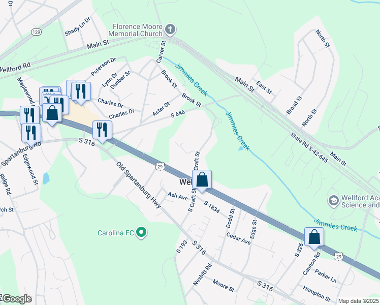 map of restaurants, bars, coffee shops, grocery stores, and more near 404 Monarch Place in Wellford