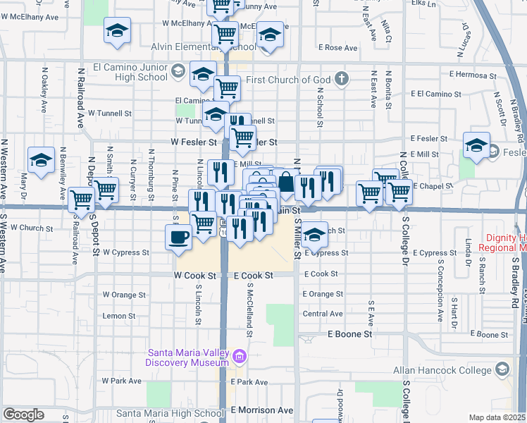 map of restaurants, bars, coffee shops, grocery stores, and more near 391 Town Center East in Santa Maria