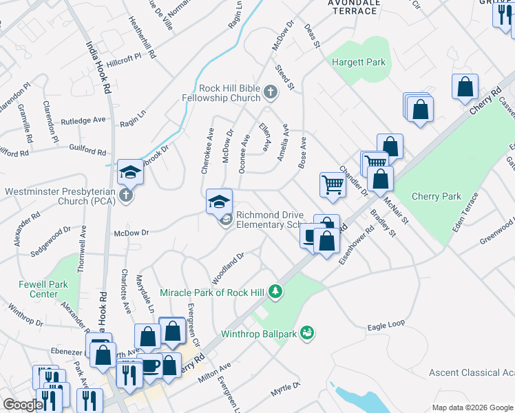 map of restaurants, bars, coffee shops, grocery stores, and more near 1123 John Street in Rock Hill