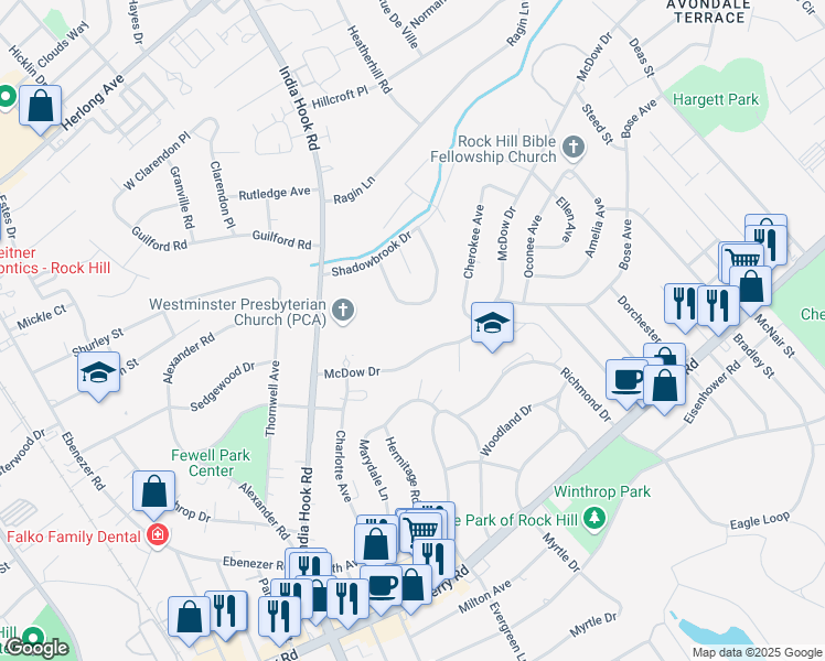 map of restaurants, bars, coffee shops, grocery stores, and more near 1330 India Hook Road in Rock Hill