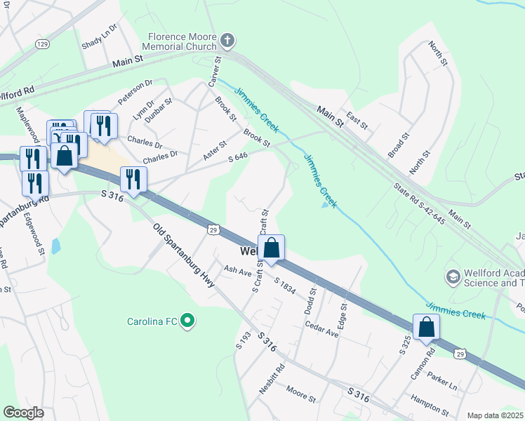map of restaurants, bars, coffee shops, grocery stores, and more near 246 North Craft Street in Wellford