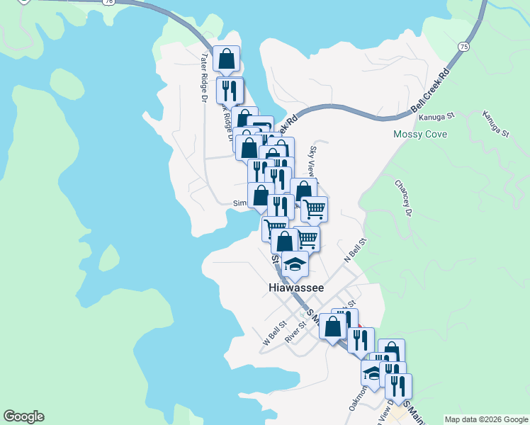 map of restaurants, bars, coffee shops, grocery stores, and more near 156 Sims Circle in Hiawassee