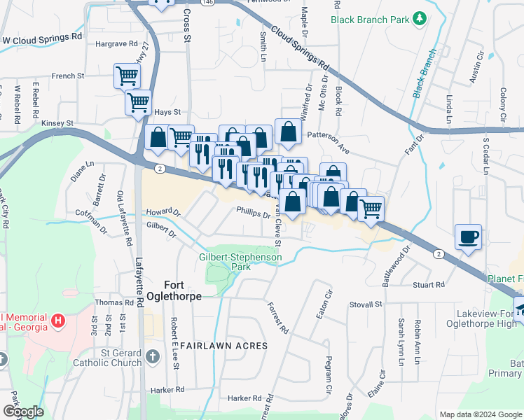 map of restaurants, bars, coffee shops, grocery stores, and more near 37 Phillips Drive in Fort Oglethorpe