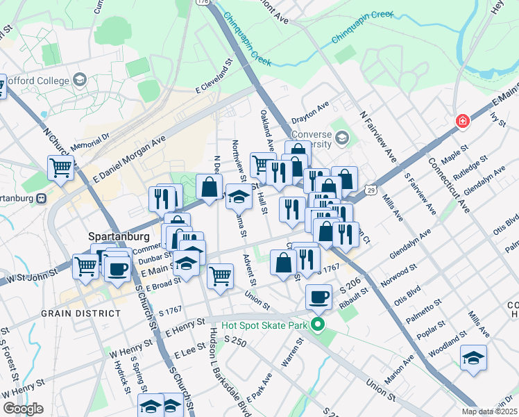 map of restaurants, bars, coffee shops, grocery stores, and more near 158 Hall Street in Spartanburg